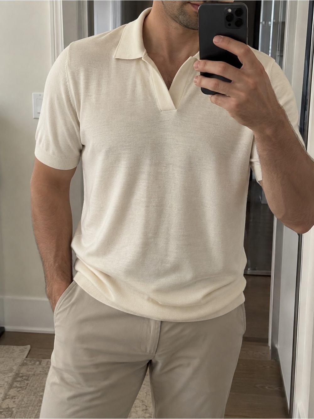 REISS Men’s XXL 100% Merino Wool Open Collar Knit Polo Cream